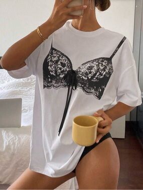 White Graphic Tee with Black Lace Bra Print
